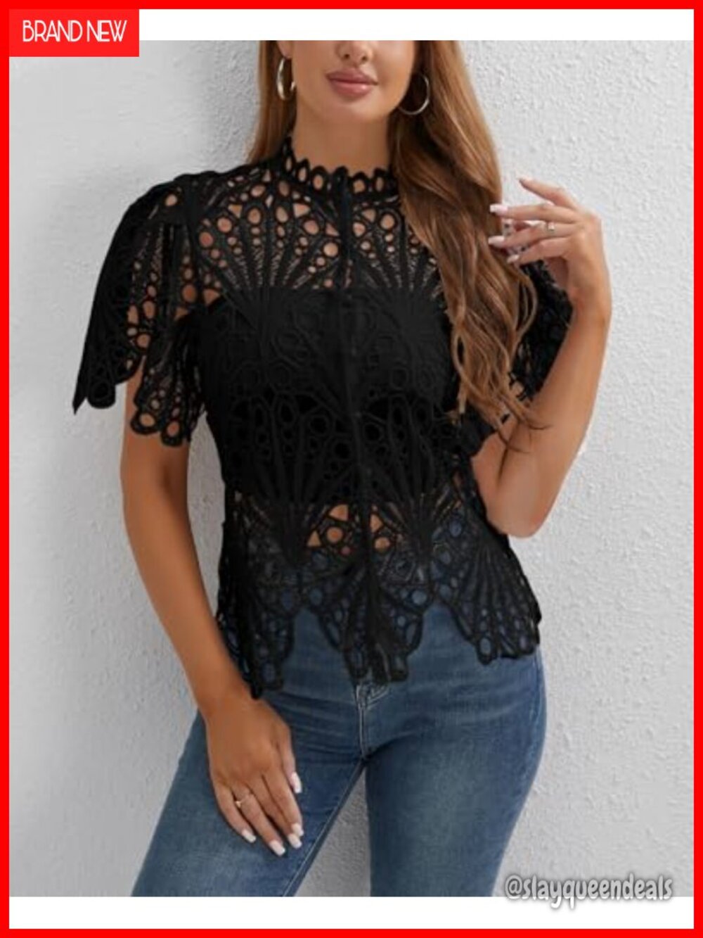 Lace Ruffle Puff Sleeve Button Down Top - Picture 6 of 6